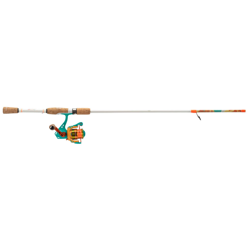 Side view of Krazy Fiberglass spinning combo showing cork handles and teal-orange spinning reel on white background