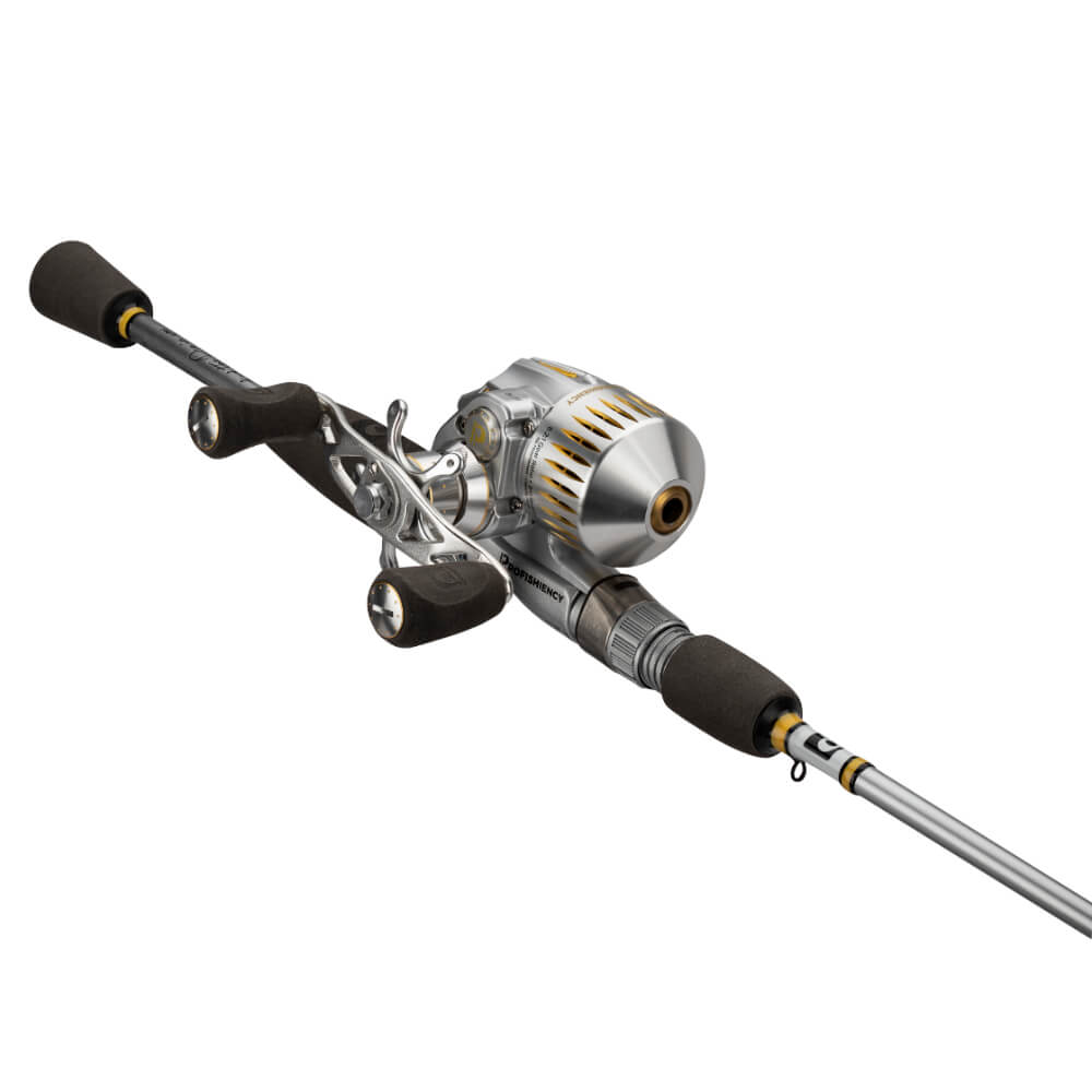 PROFISHIENCY Silversniper baitcasting reel on rod, silver reel with gold accents and black foam grips