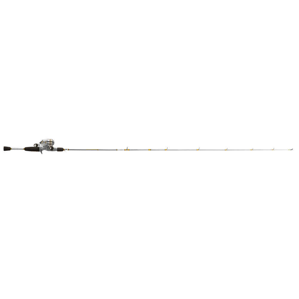Baitcasting fishing rod with silver blank, baitcasting reel and black foam handle, long low-profile guides