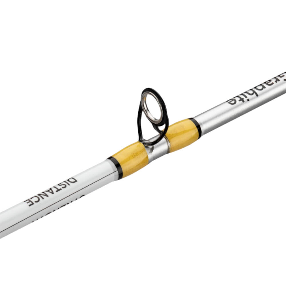 Fishing-rod guide with yellow thread wraps on white blank labeled DISTANCE