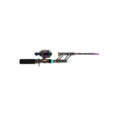 baitcasting rod and reel with colorful graffiti pattern, black foam handle, teal and purple accents.