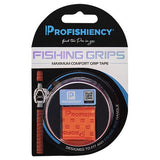 Front of Profishiency Fishing Grips showing rolled high‑viz orange tape and embossed sample on white background