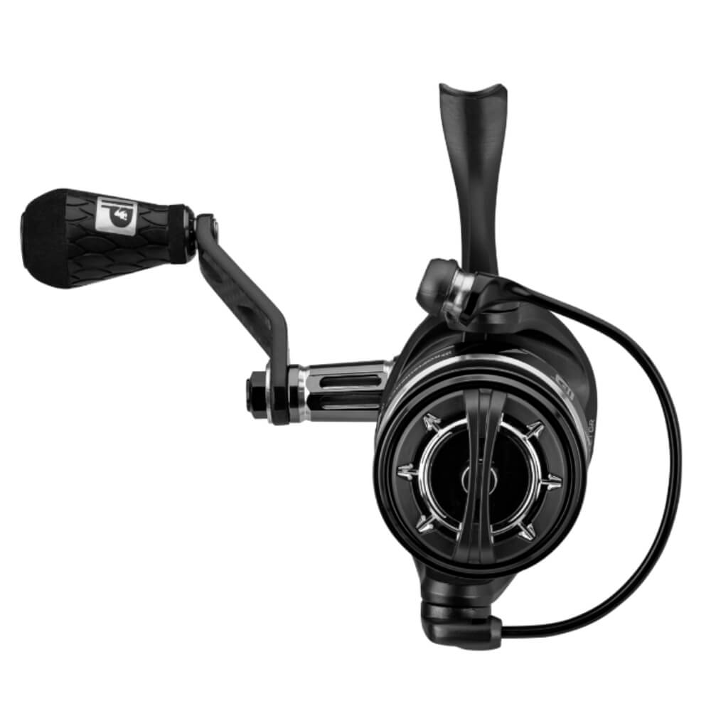 Magnesium-bodied spinning fishing reel in charcoal and silver finish, EVA knob and folding left-hand handle