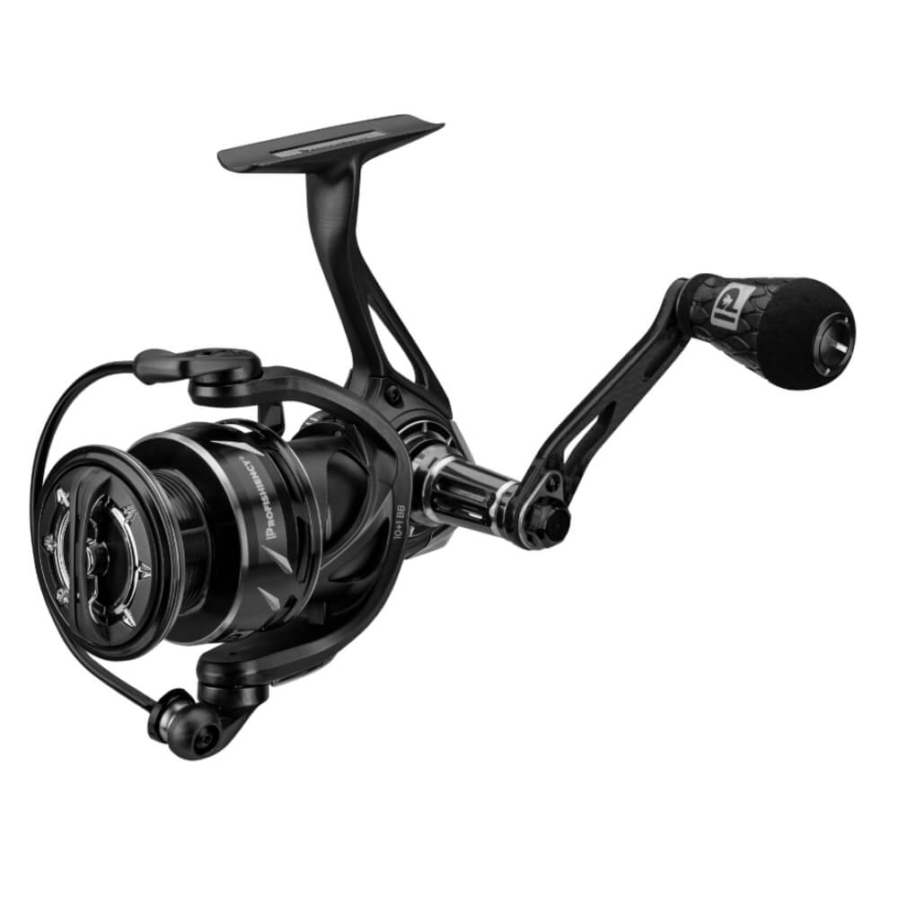 Profishiency A12 magnesium spinning reel, charcoal-silver finish, single-arm handle with foam knob