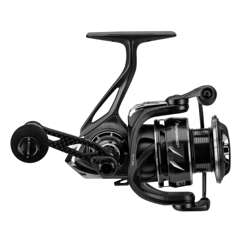 Charcoal magnesium spinning reel with carbon handle, Profishiency logo and text '10+1 BB'.