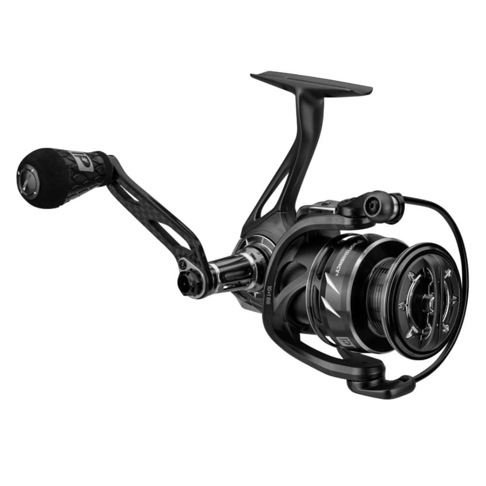 Magnesium charcoal-silver spinning fishing reel, angled close-up showing handle, spool and bail
