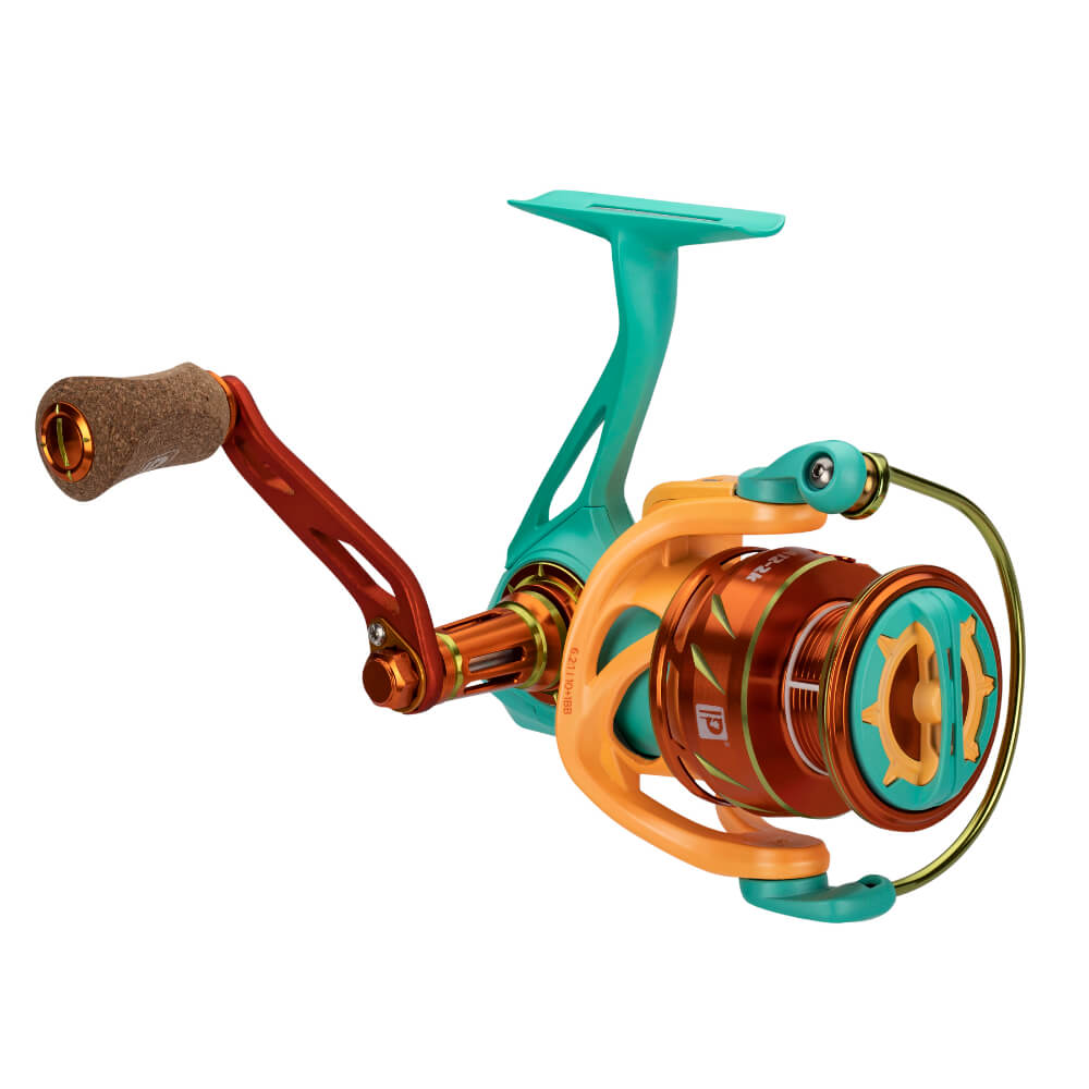 Profishiency spinning reel in teal, orange and copper with cork handle