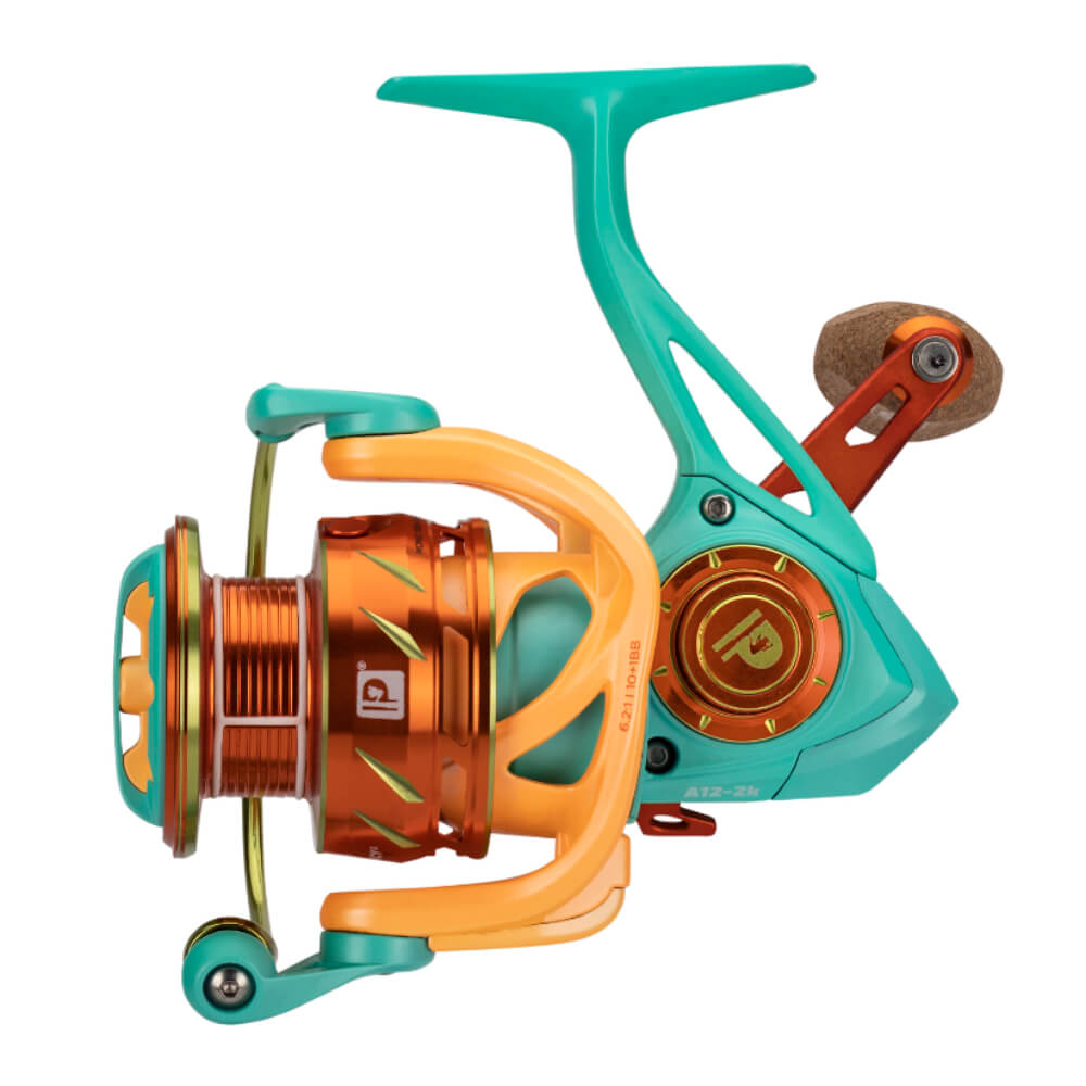 Turquoise and orange spinning fishing reel, model A12-2k, P logo, 6.2:1 10+1BB