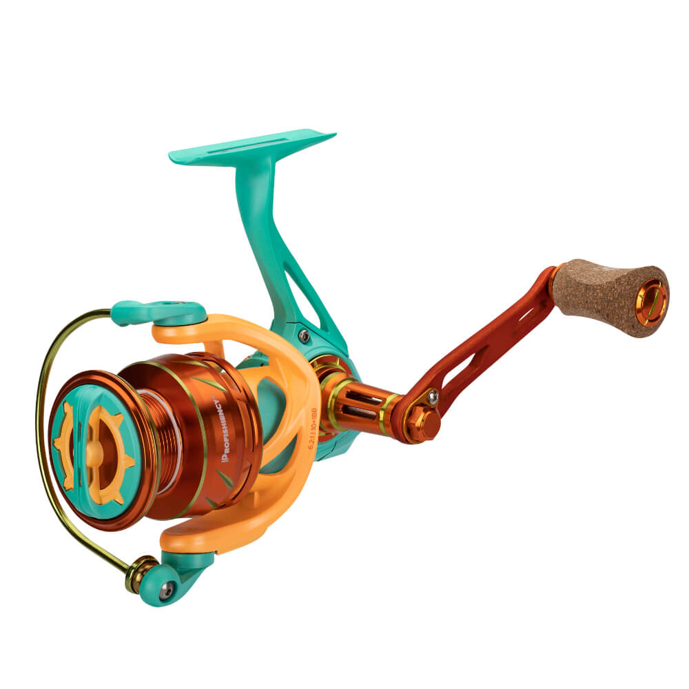 Profishiency A12 Krazy spinning reel, teal and orange body with cork handle
