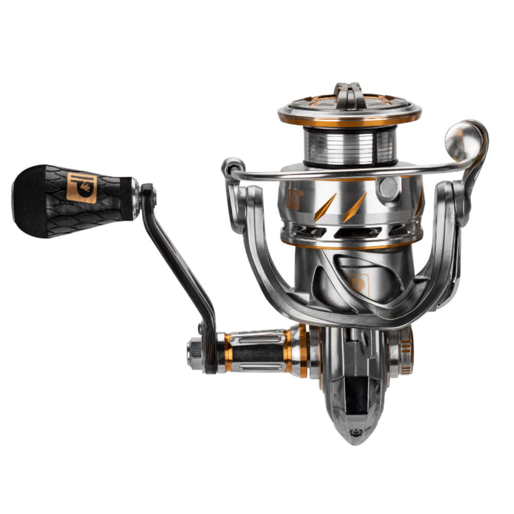 Magnesium spinning reel, silver body with gold accents, spool and handle visible from front angle