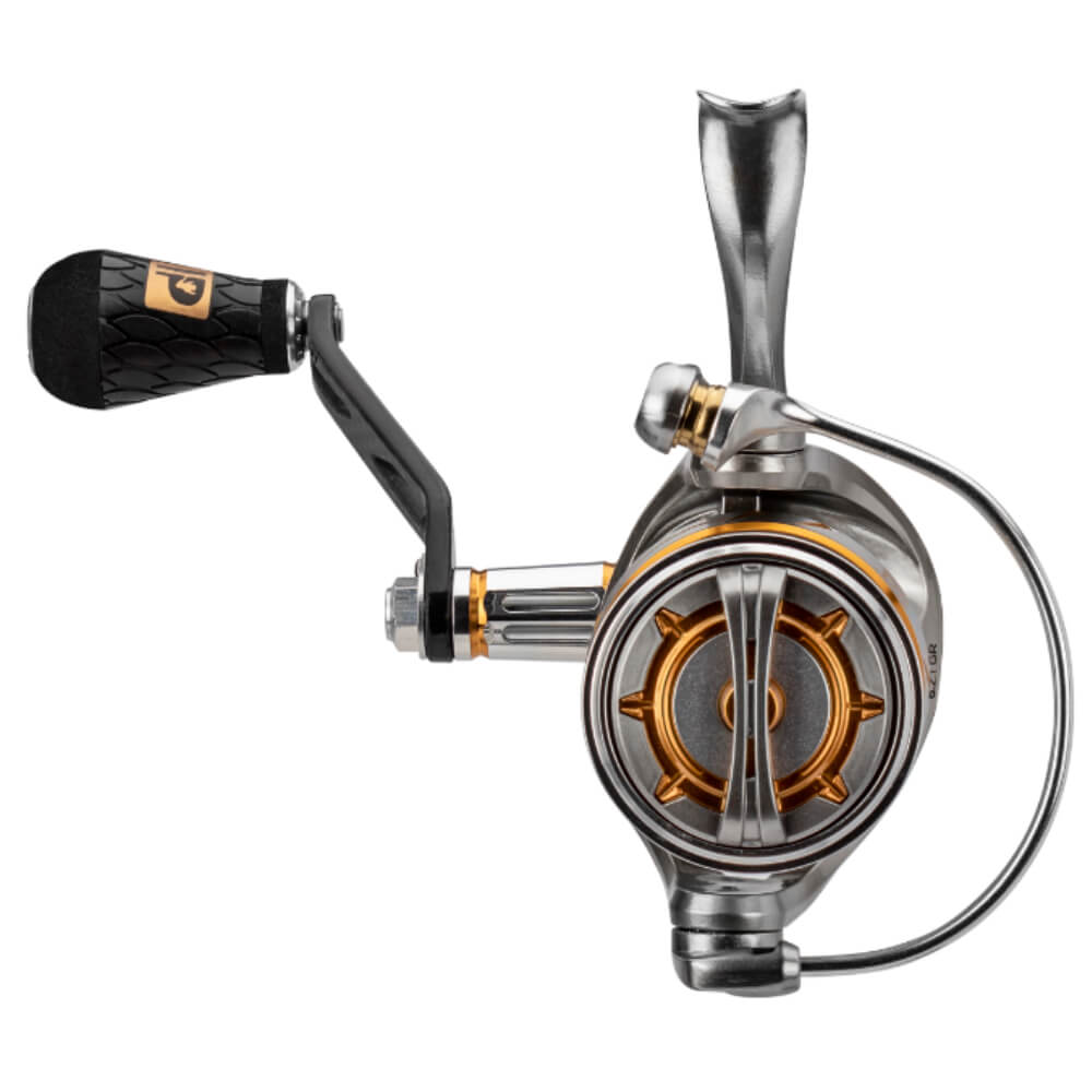 Front view spinning reel with silver magnesium body, gold spool accents and black ergonomic rubber handle knob.