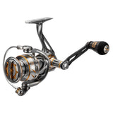 Silver magnesium spinning fishing reel with gold accents and black handle knob showing 'IP' logo.