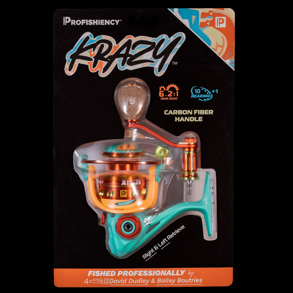 Profishiency KRAZY spinning reel in blister pack, teal and orange reel, carbon fiber handle, 6.2:1 gear ratio, 10+1 bearings