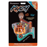Front view of Profishiency A13 Krazy spinning reel in clam pack showing carbon fiber handle and 6.2:1 gear ratio on black card