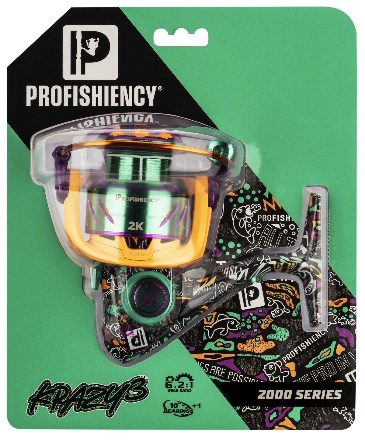 Front of A-13 Krazy 3 2000-series reel showing green-purple-gold spool and cork knob in Profishiency blister pack