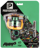 Front of A-13 Krazy 3 2000-series reel showing green-purple-gold spool and cork knob in Profishiency blister pack