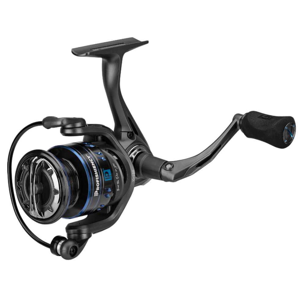 PROFISHIENCY ID spinning reel, charcoal body with blue accents and ergonomic foam handle