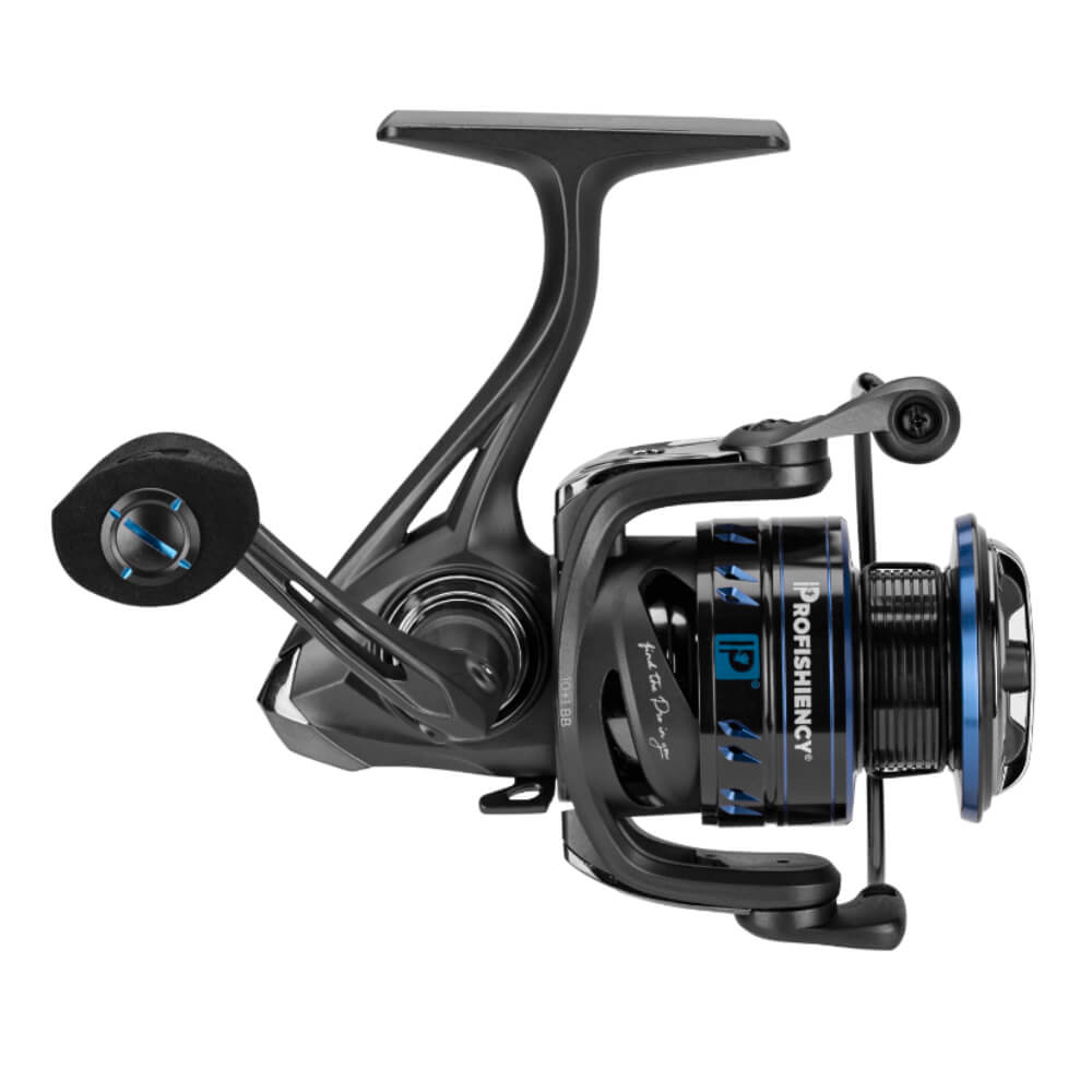 PROFISHIENCY Atomic 13 charcoal spinning reel with blue accents, left-side handle; IP logo visible