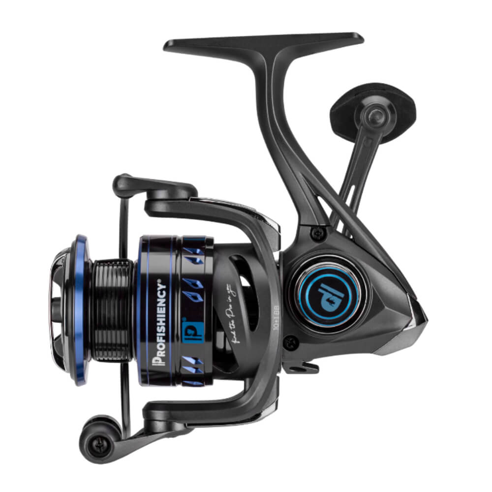 Profishiency spinning reel, charcoal and blue finish; spool marked PROFISHIENCY, P logo, and 10+1BB