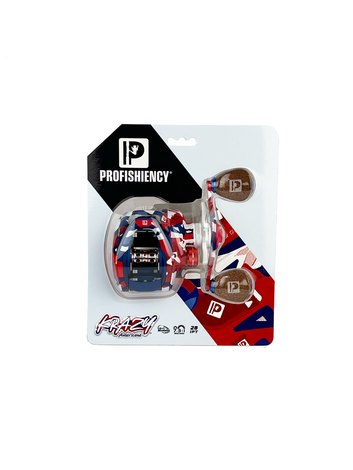 PROFISHIENCY KRAZY Americana baitcasting reel, red/white/blue blister pack; P logos; 28 IPT; Anything Possible.