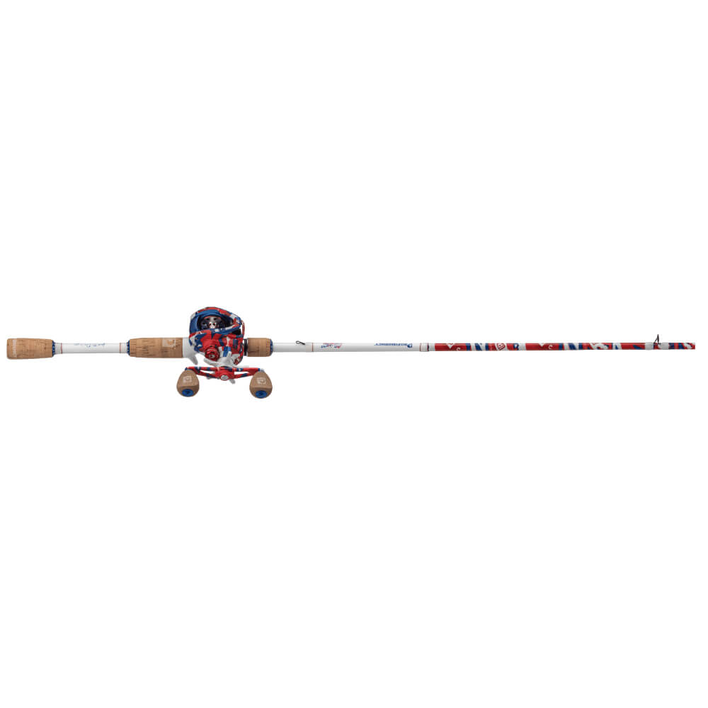 Americana baitcasting rod-and-reel combo, red-white-blue flag pattern, cork handles