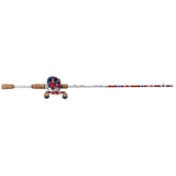 Americana baitcasting rod-and-reel combo, red-white-blue flag pattern, cork handles