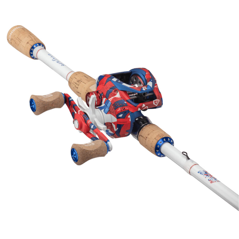 Americana baitcast rod and reel combo with red-white-blue flag patterned reel, cork handles and white rod blank.