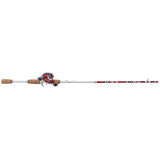 Side view of Krazy Americana baitcast combo: 7' white rod with red-white-blue finish, cork grips, and matching reel
