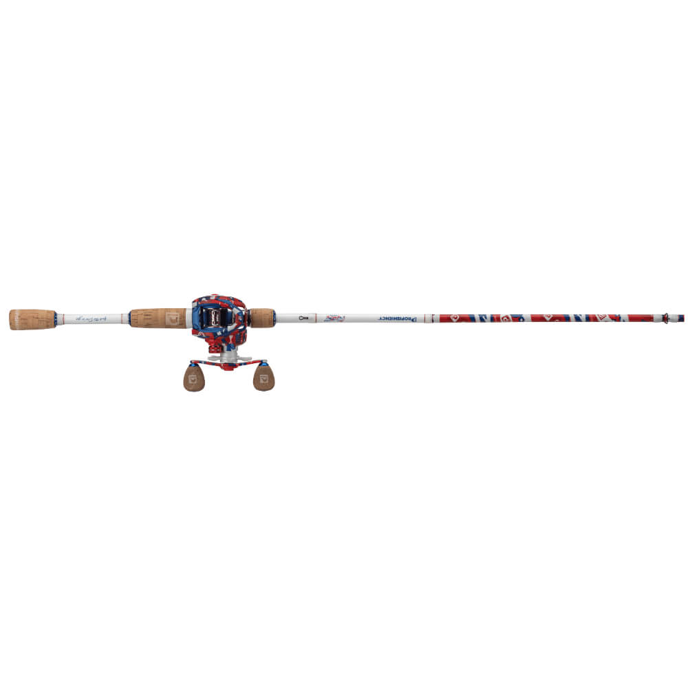 Americana baitcast rod-and-reel combo, red white and blue finish, cork handles
