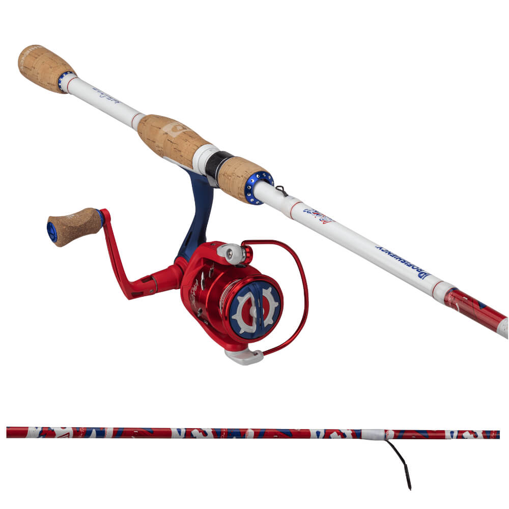 Profishiency spin rod labeled 'Americana' and 'PROFISHIENCY' with cork handles and red spinning reel