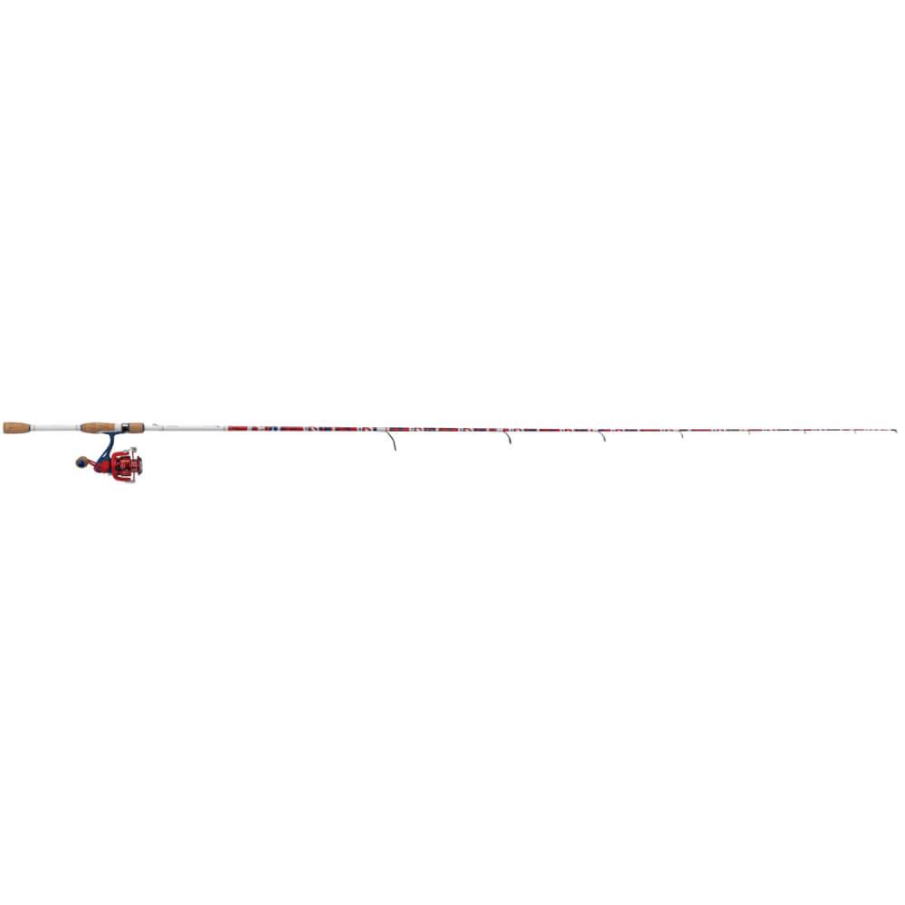 Americana spin fishing combo, full-length white rod with red-and-blue spinning reel, side view