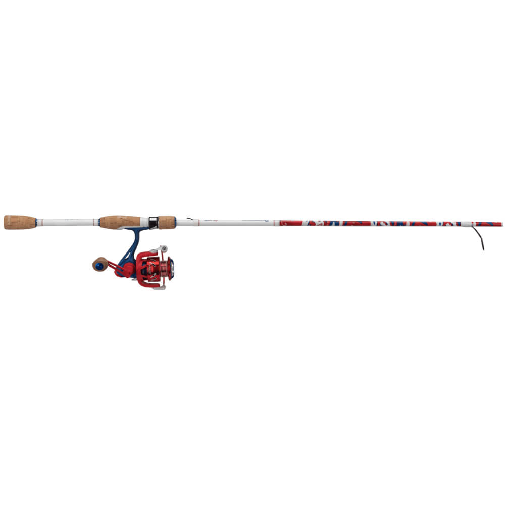 Americana youth spin rod-and-reel combo, white rod with red-blue graphics and cork handle