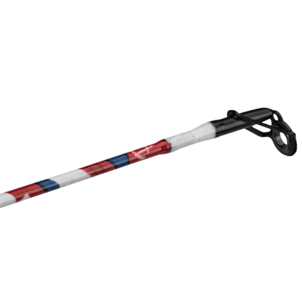 Spinning rod tip with red, white and blue Americana wrap and black guide ring