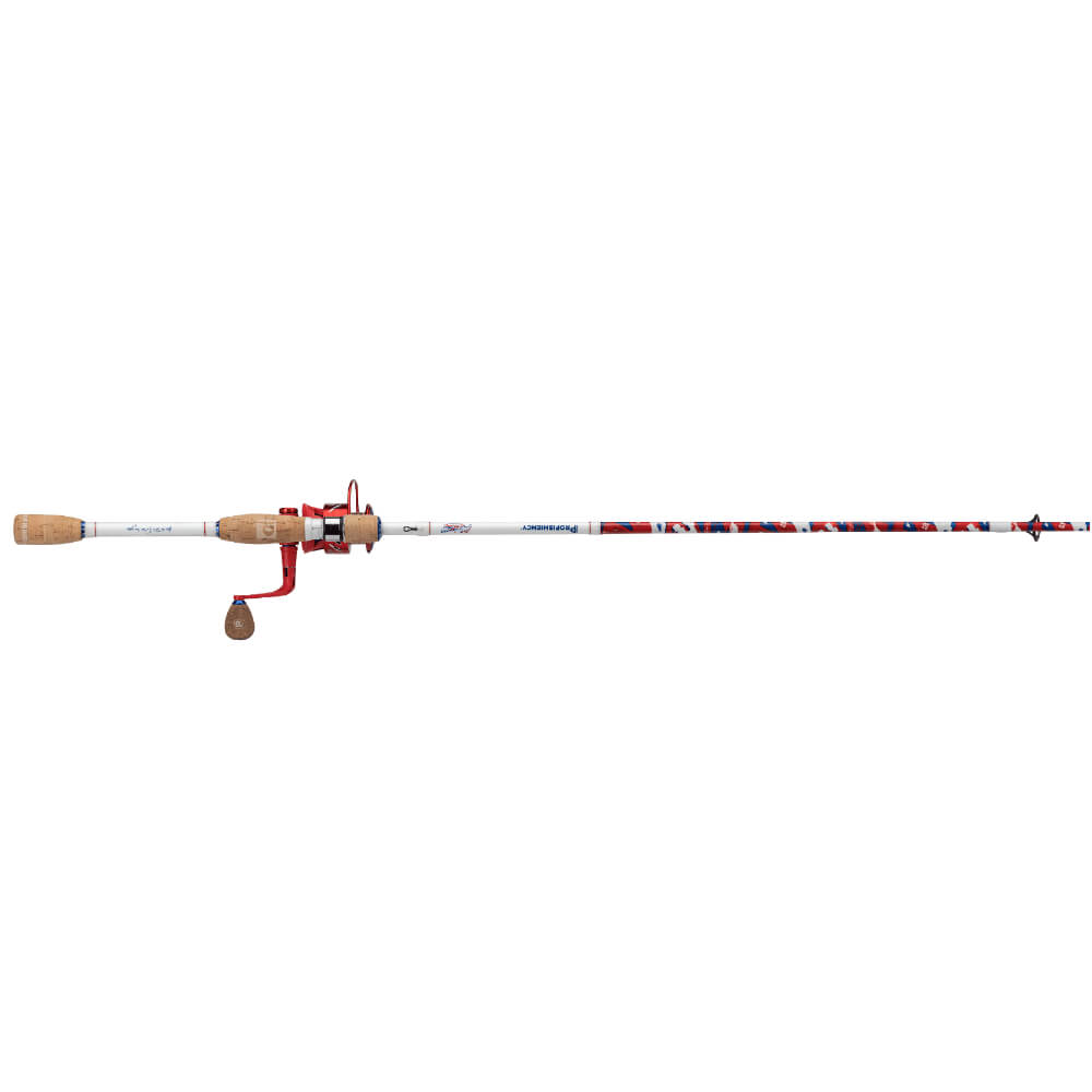 Americana youth spin combo fishing rod with cork grips and red reel, red-white-blue patterned blank