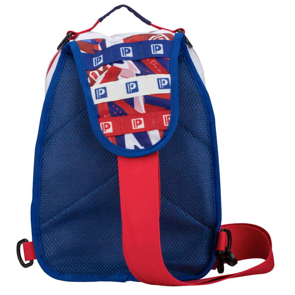 Back view of blue mesh kids' sling pack with red strap and repeating P logo on tabs