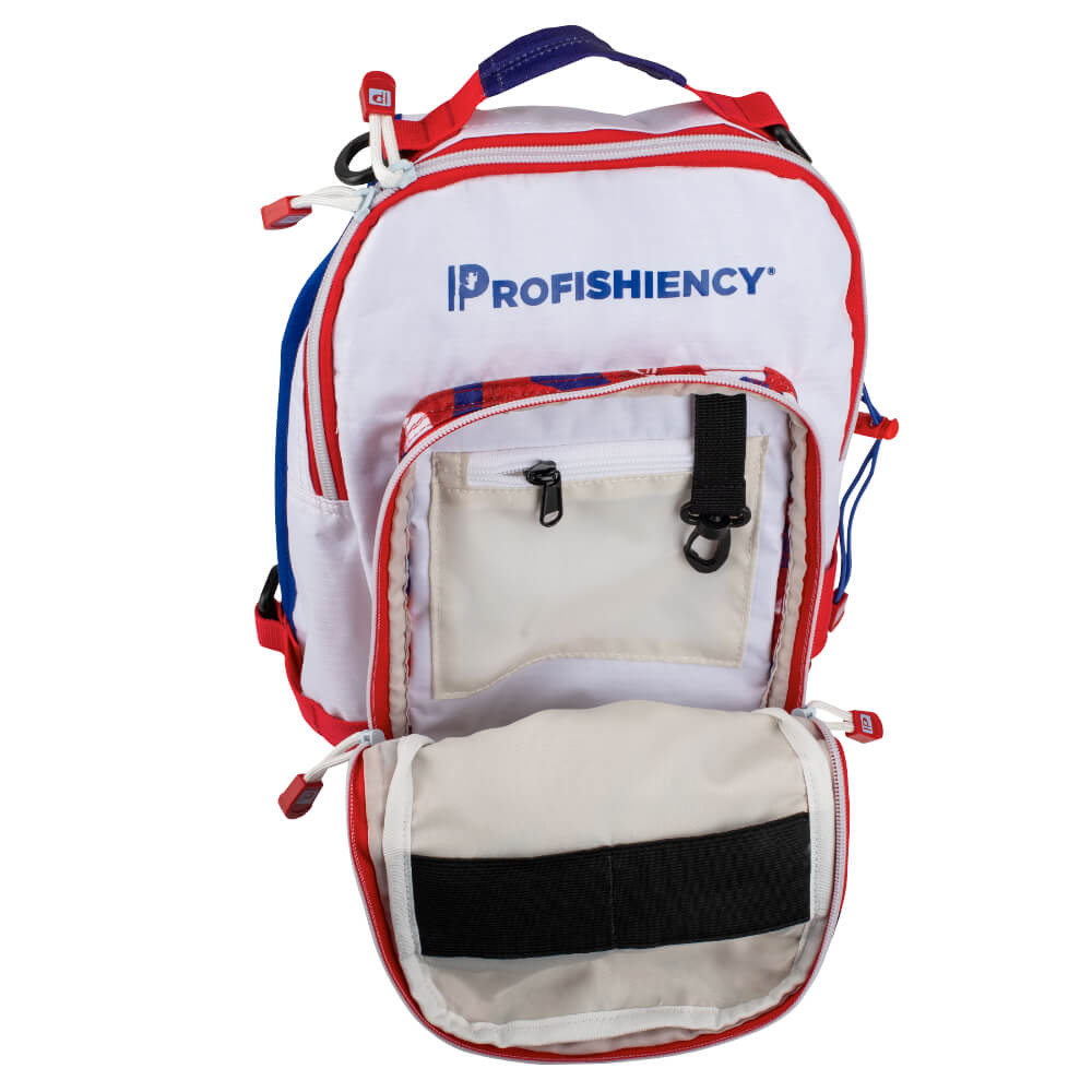 Front view of Profishiency Americana sling bag showing open front organizer pocket with interior zip pocket and attachment clip on white background