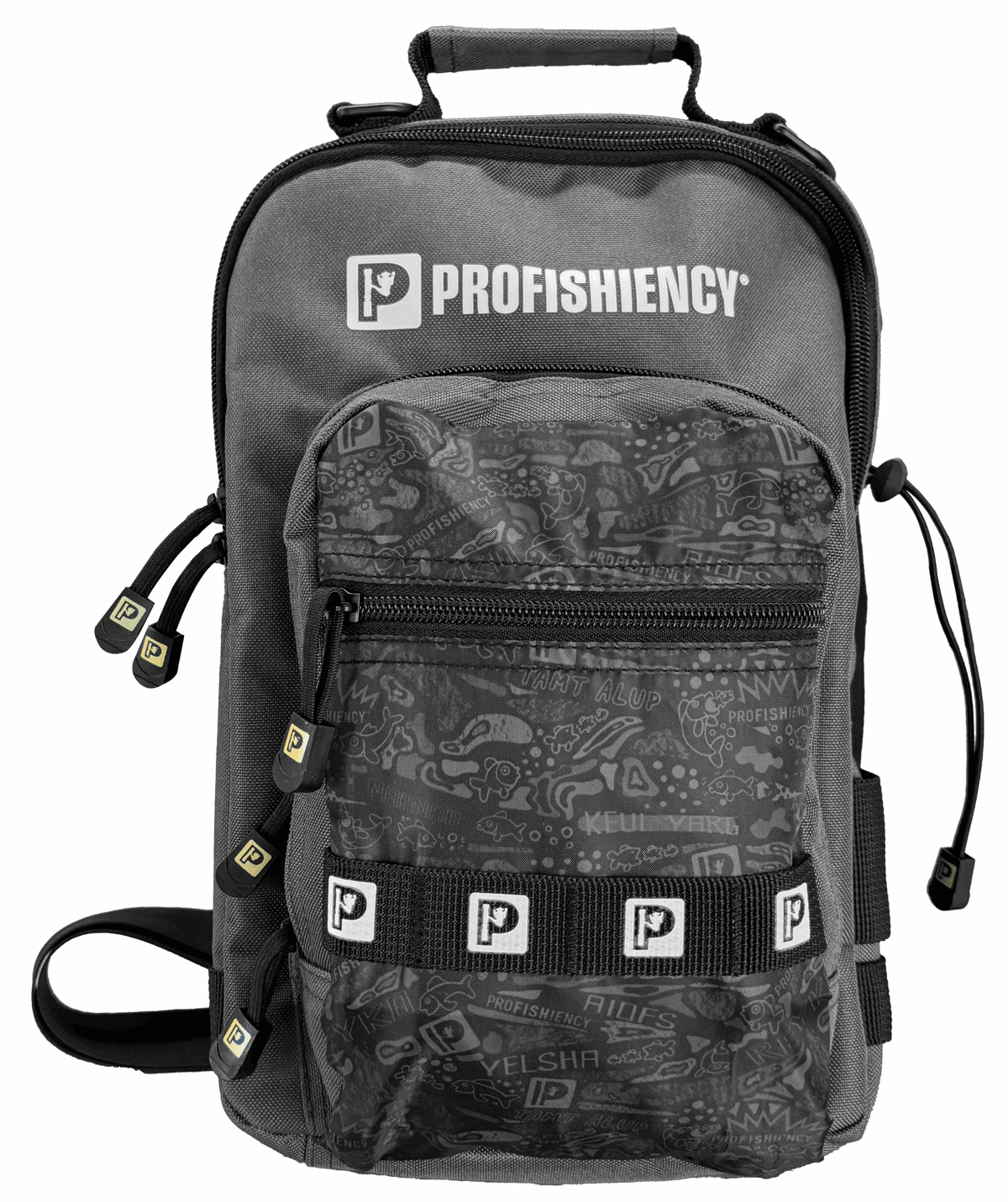 PROFISHIENCY sling bag with front zip pocket and repeated P logo patches