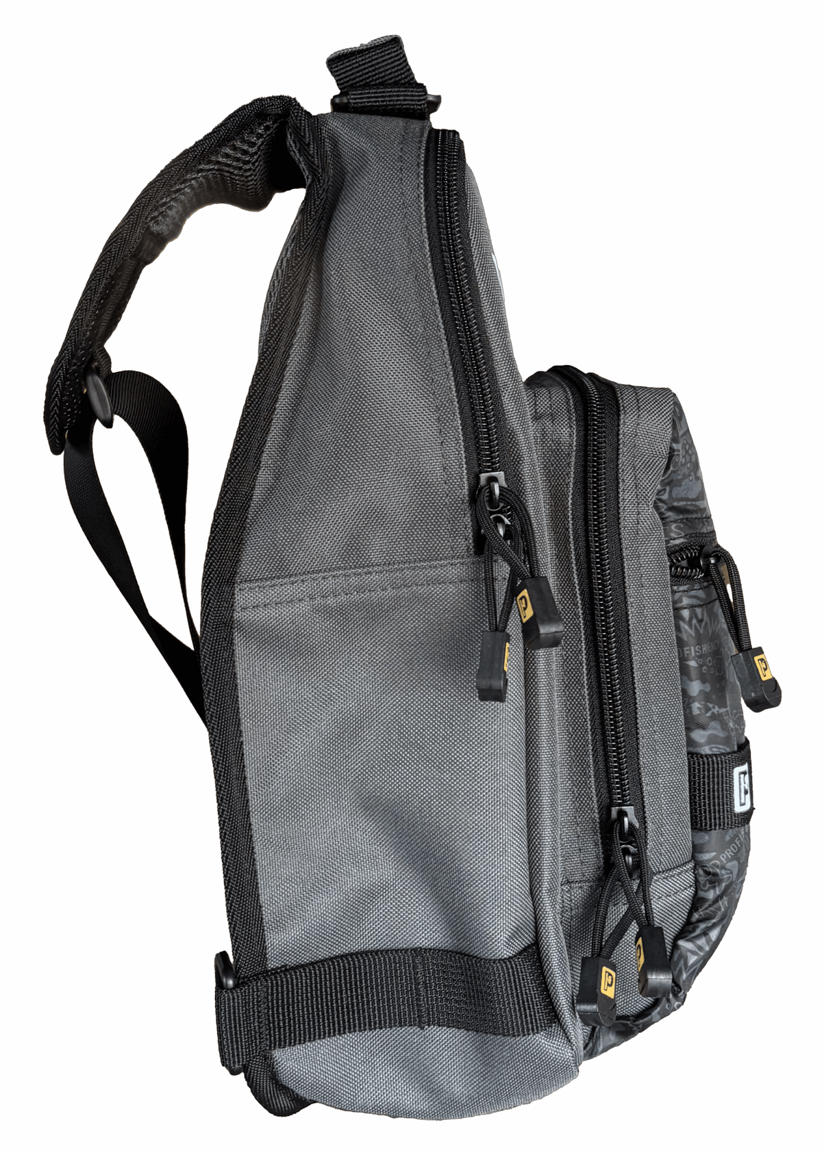 Side view of Profishiency Alpha Pup sling bag with three zippered compartments, exterior pockets, visible zipper pulls, and adjustable sling strap
