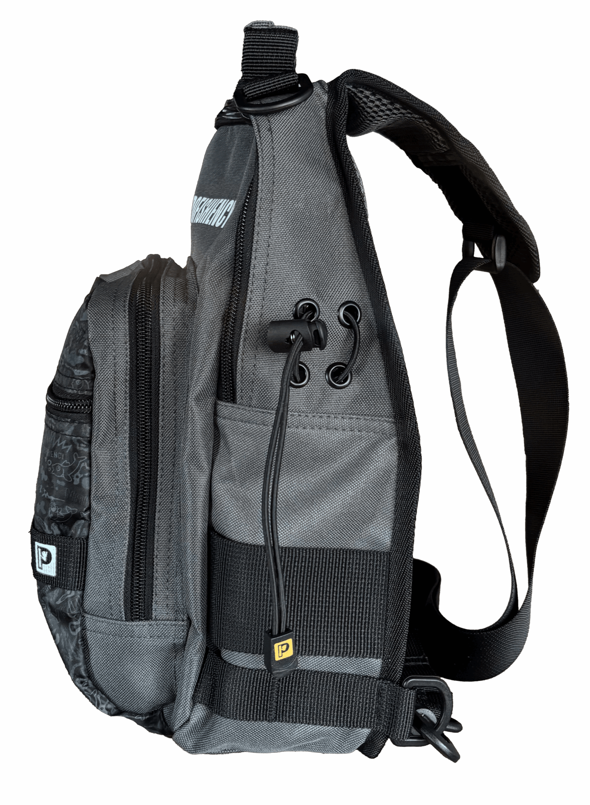 Side view of Alpha Pup sling bag showcasing MOLLE webbing, zippered pockets, bungee toggle and adjustable strap