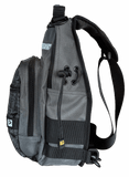 Side view of Alpha Pup sling bag showcasing MOLLE webbing, zippered pockets, bungee toggle and adjustable strap