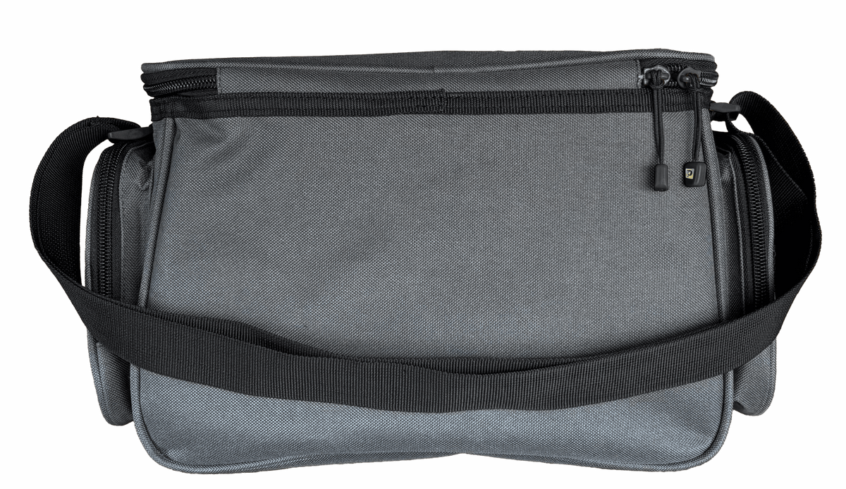 Front view of Profishiency Alpha Pup tackle bag showing gray fabric, adjustable shoulder strap, top zipper pulls, and side zip pockets