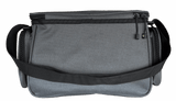 Front view of Profishiency Alpha Pup tackle bag showing gray fabric, adjustable shoulder strap, top zipper pulls, and side zip pockets