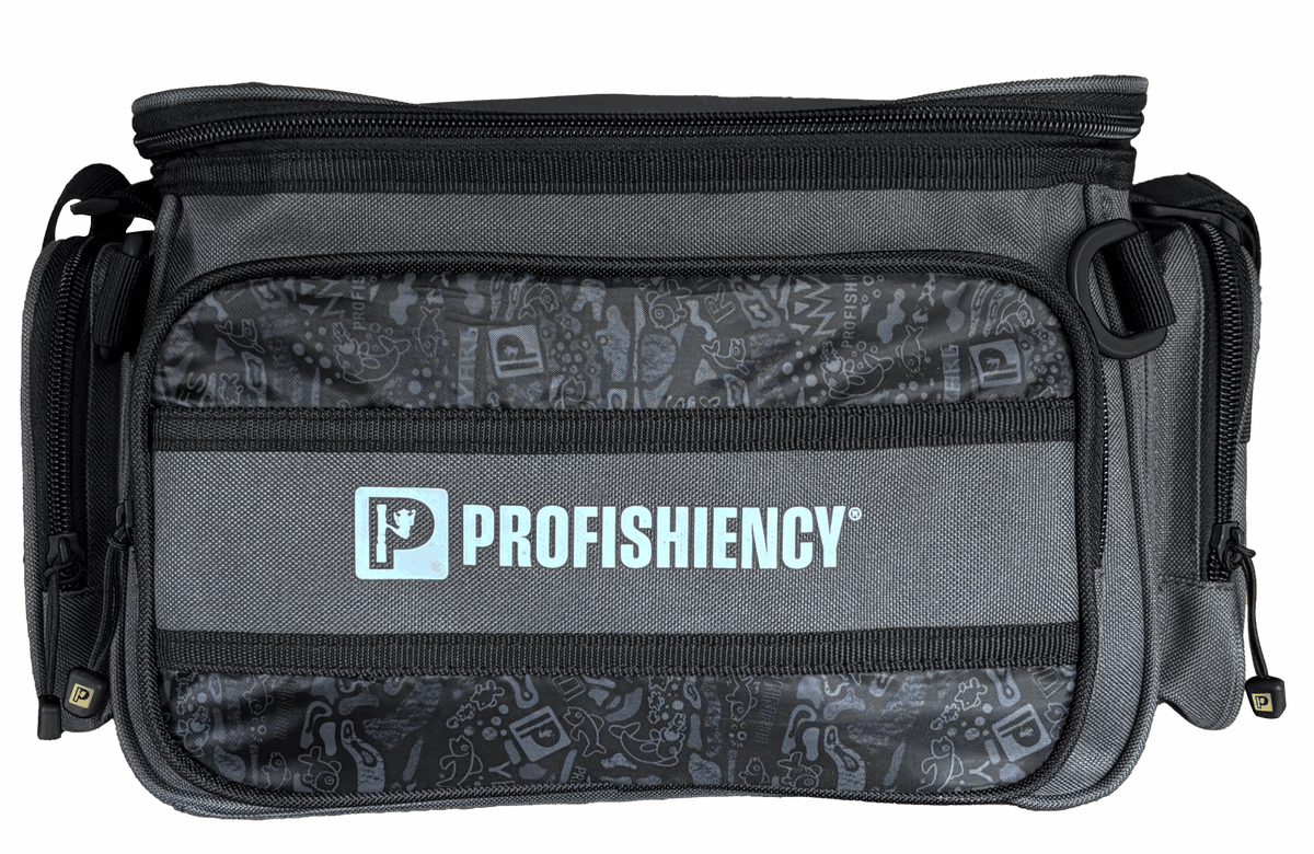 Gray Profishiency tackle bag, front panel showing 'PROFISHIENCY' logo and small 'P' zipper pulls