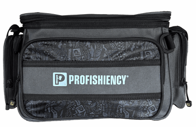 Gray Profishiency tackle bag, front panel showing 'PROFISHIENCY' logo and small 'P' zipper pulls