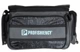 Gray Profishiency tackle bag, front panel showing 'PROFISHIENCY' logo and small 'P' zipper pulls