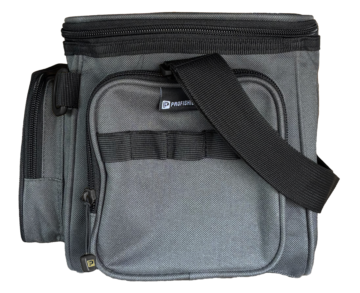 Gray PROFISHIENCY tackle bag with front zip pocket and wide black shoulder strap
