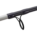 Close-up of Profishiency Big Fish spinning rod showing black line guides and wrapped guide seats on grey and white blank