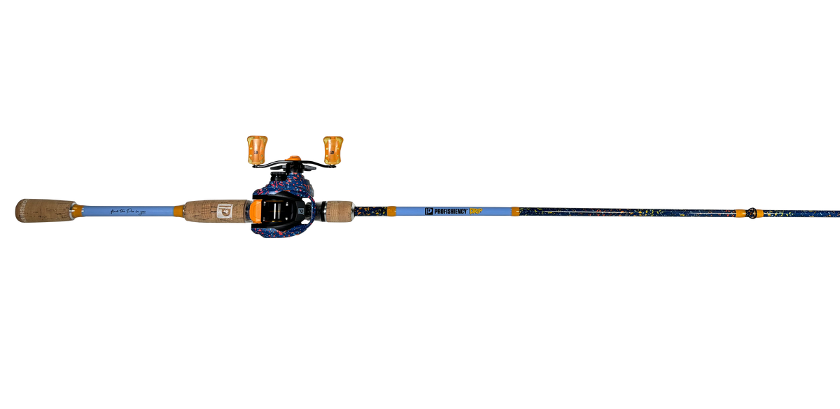 Top view of Profishiency DRIP blue baitcast combo showing split cork handles and orange-accent baitcast reel