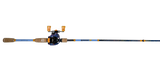 Top view of Profishiency DRIP blue baitcast combo showing split cork handles and orange-accent baitcast reel