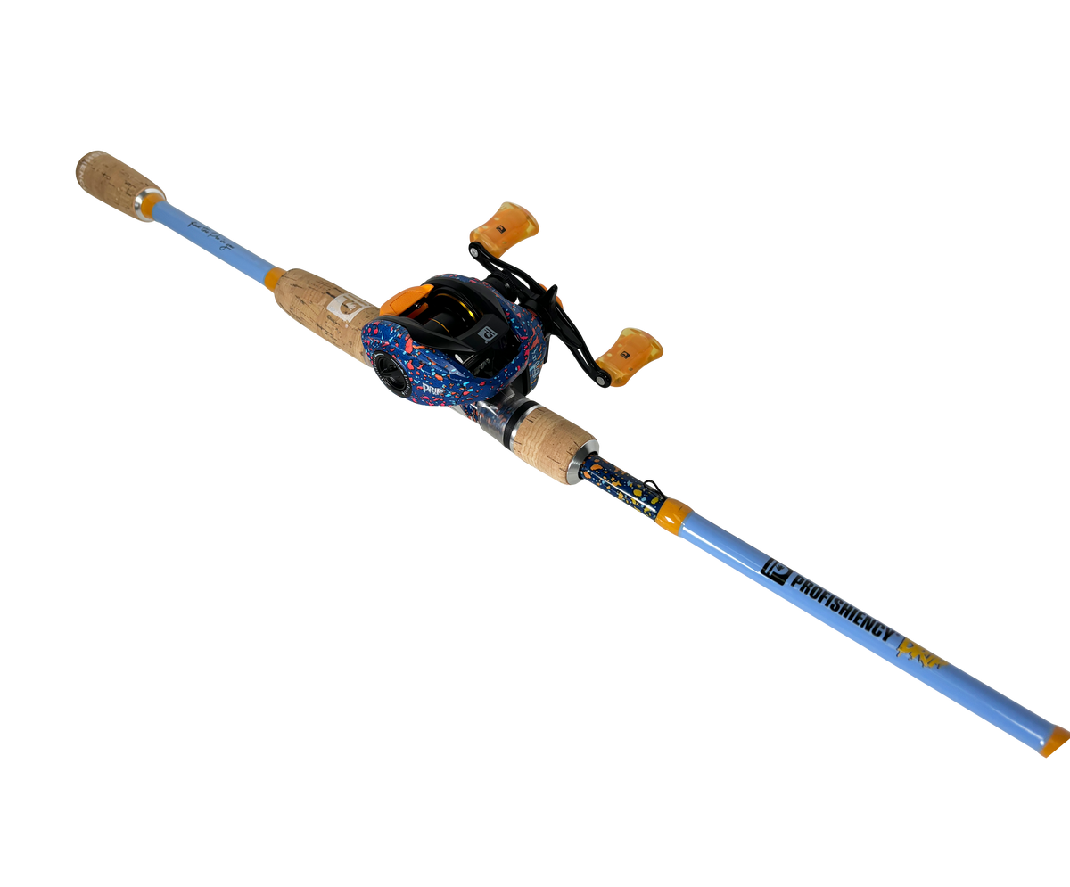 Angled view of Profishiency DRIP baitcast rod and reel, blue rod with cork split handle and splatter-pattern reel